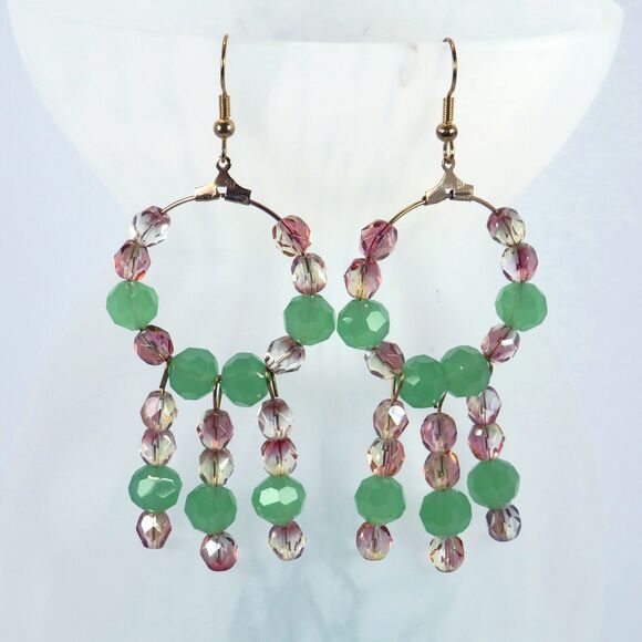 Handmade Dangle Earrings With Hoops and Green Glass Beads and Rose Crystal Beads - Picture 1 of 7